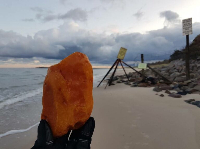 Złoty bursztyn na tle plaży, Wrzesień nad Bałtykiem – idealny czas na bursztyn