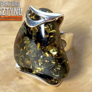Koniakowo-zielony Pierścionek z Bursztynem
